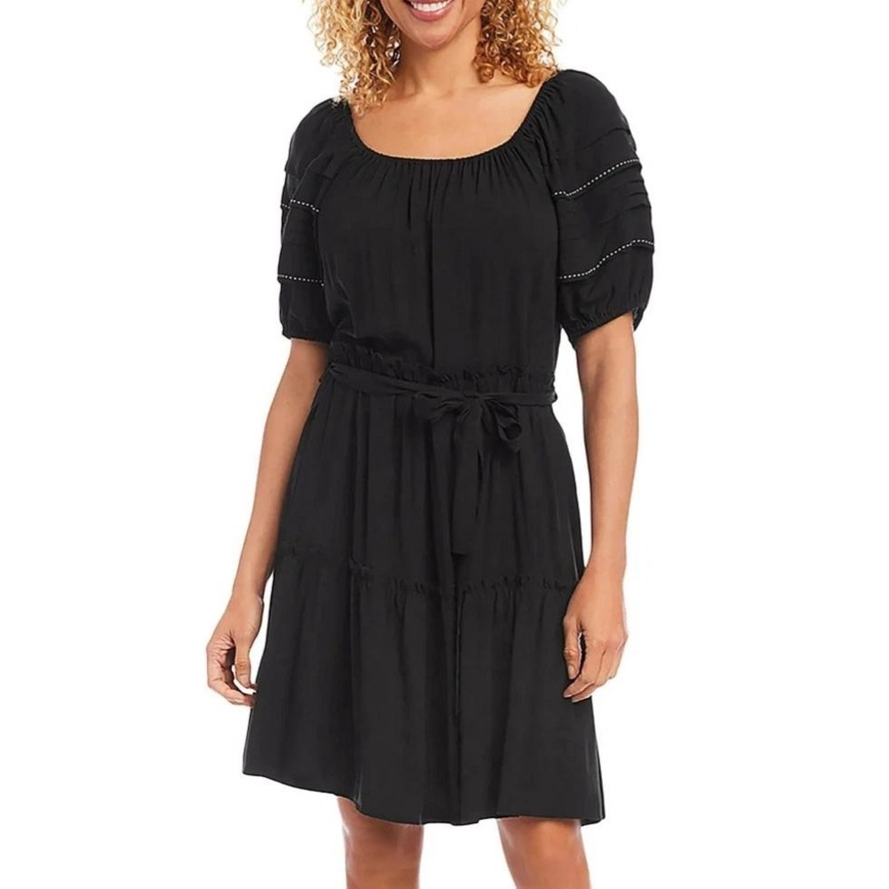 Karen Kane Black Tiered Puff Sleeve Mini Dress Boho‎ Contrast Stitch Pockets L